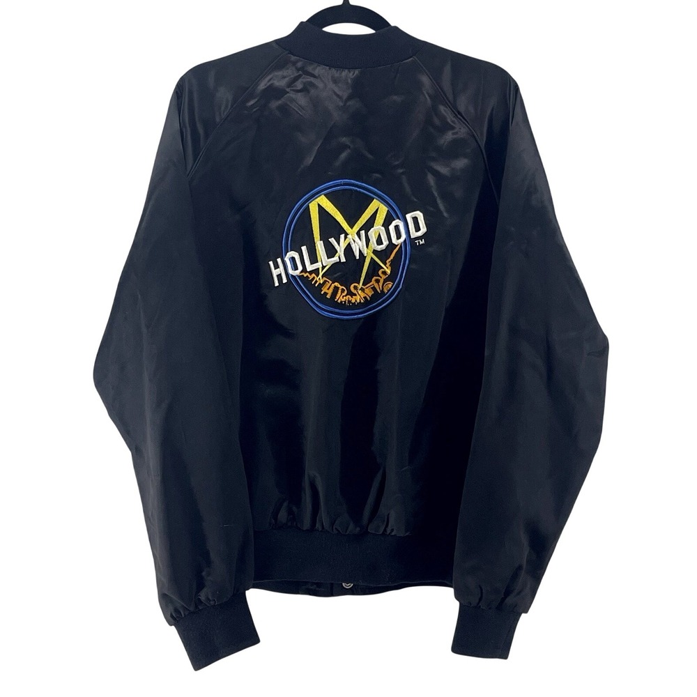 VTG Mens Bomber Jacket Retro Black Satin 90s Embroidered Hollywood Streetwear